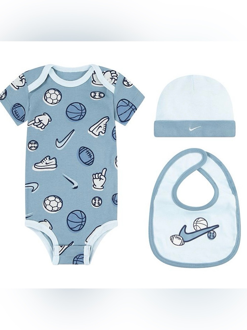 Nike 3pc newborn baby boy gift set.  Onesie, bib and hat.  NIB.  0-6 month